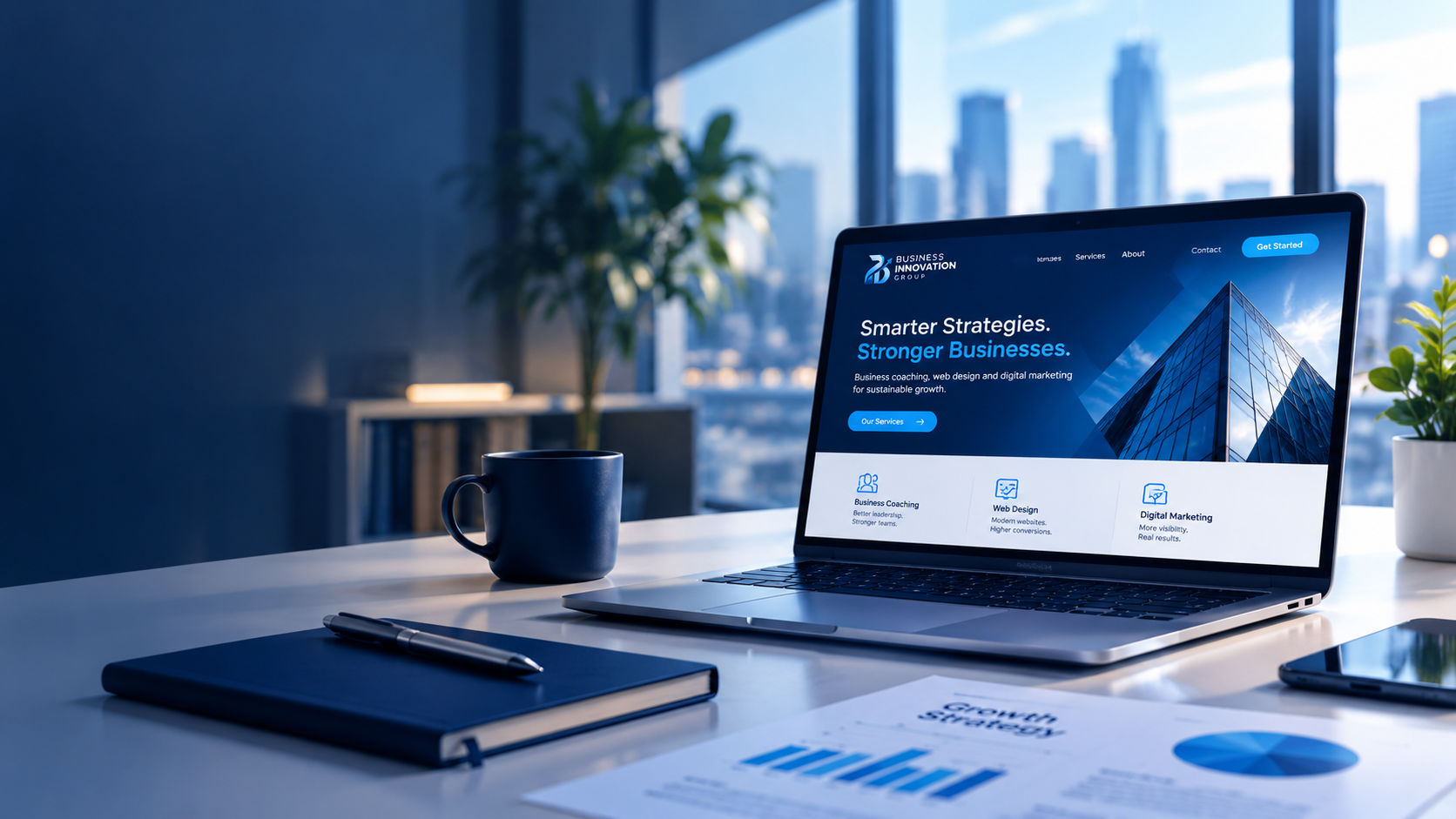 Modern business workspace with laptop and business analytics